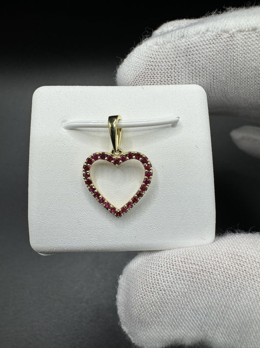 3/4” 14k Yellow Gold Heart Pendant Covered in Natural Rubies 3mm Bail .7g