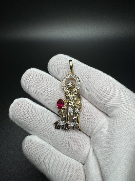 2” 10k Yellow Gold Saint Michael The Archangel with 7x5mm Ruby & est 1/4ctw Lab Diamond 6mm Bail 7.6g