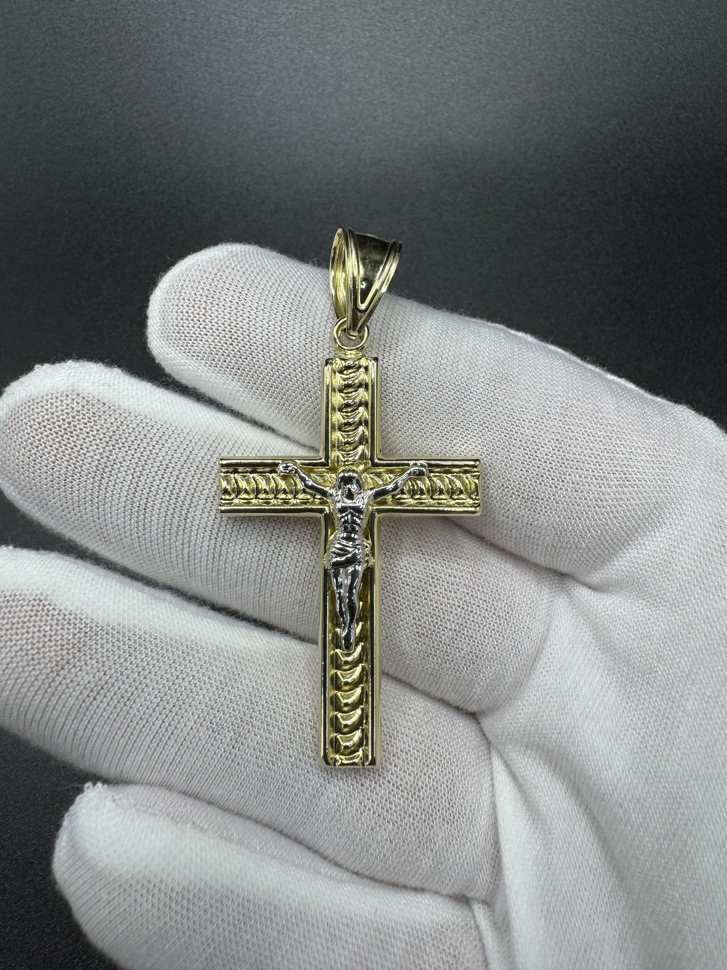 2.5” 14k Yellow Gold Square Diamond Cut Crucifix 8mm Bail 4.3g