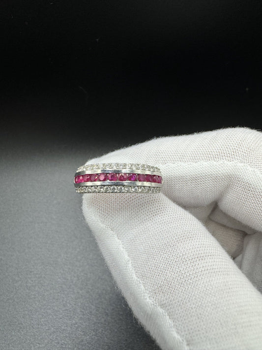 Size 9 Silver 1/3ctw Natural Diamond & Natural Ruby Ring 3.8g