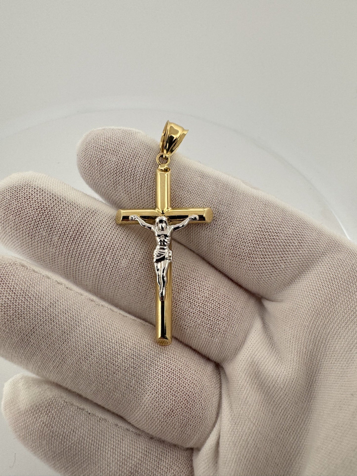 2” 14k Yellow Gold Cross & White Gold Crucifix 6mm Bail 2.56g
