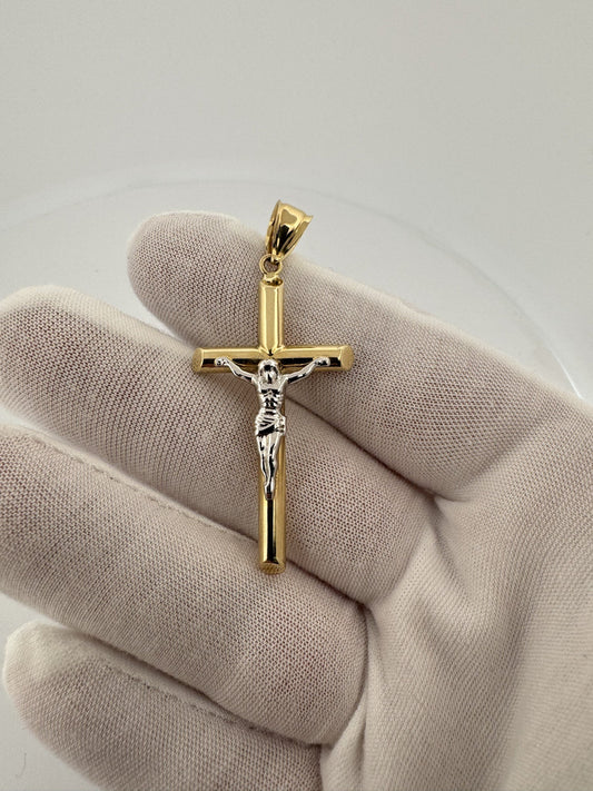 2” 14k Yellow Gold Cross & White Gold Crucifix 6mm Bail 2.56g