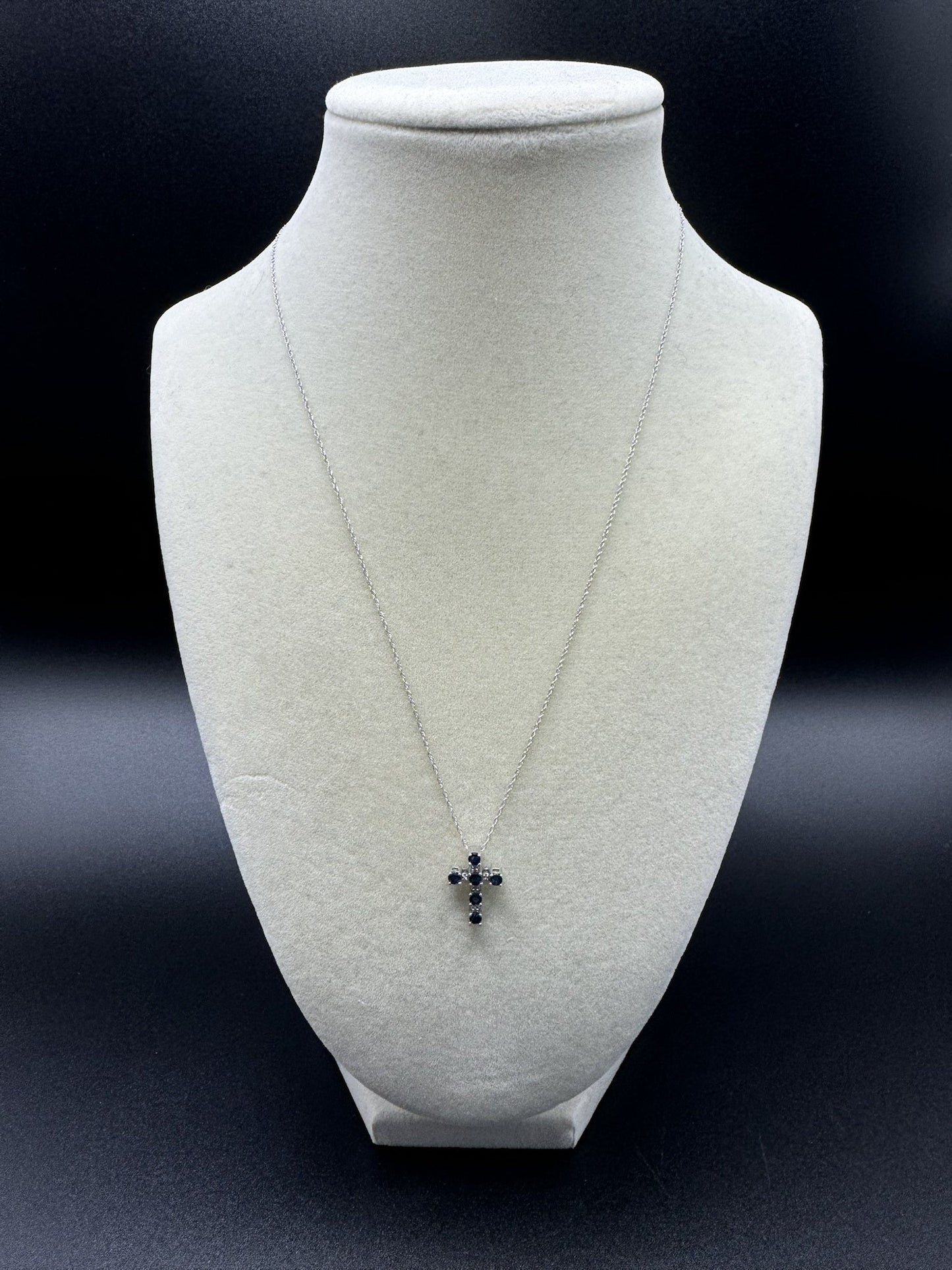 18” 10k White Gold Chain & 1/2” Natural Diamond and Blue Sapphire Cross 1.5g