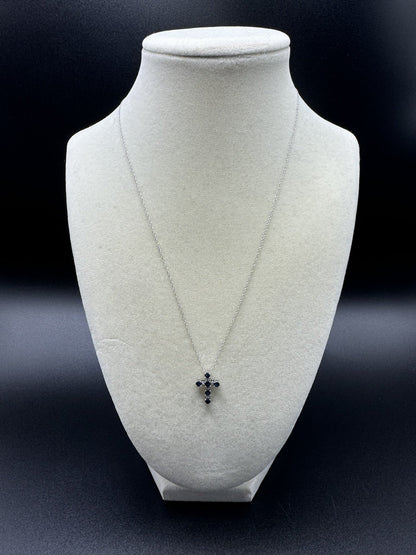 18” 10k White Gold Chain & 1/2” Natural Diamond and Blue Sapphire Cross 1.5g