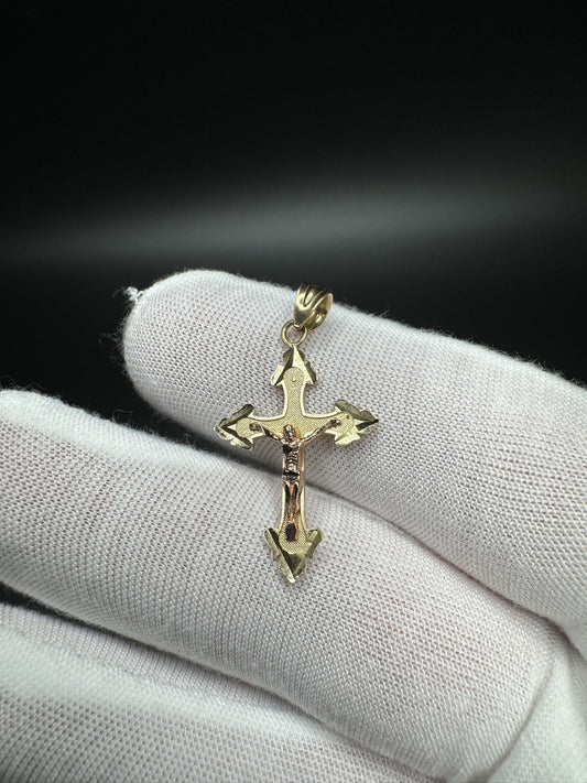 1.25” 14k Yellow Gold Pointed Cross with Rose Gold Crucifix 4mm Bail 1.34g