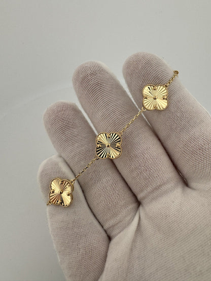 7”-8” Adjustable 14k Yellow Gold on Gold 5 Motif Clover Bracelet 13mm 7.61g