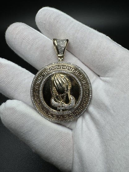 2” 14k Yellow Gold Circular Greek Praying Hands with Rosary est 1ctw Natural Diamonds 6mm Bail 13.2g