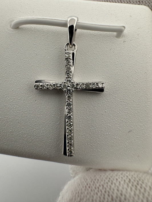 1” 10k White Gold Cross 1/8ctw Natural Diamonds 2.2mm Bail .7g