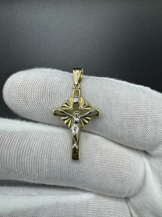 1.25” 14k Gold Two-tone Crucifix 3mm Bail 1.3g