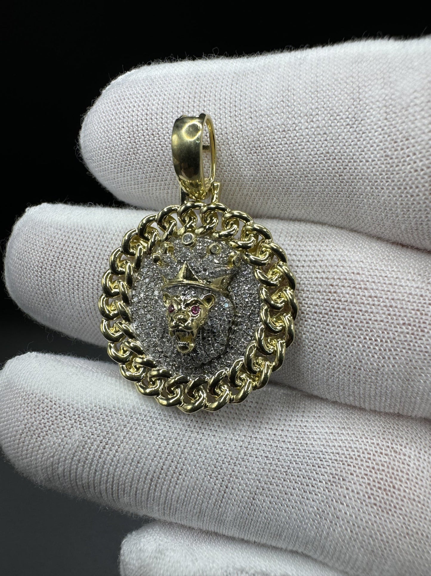 1.5” 10k Yellow Gold 1/2ctw Natural Diamond Lion Pendant with Cuban Link Bezel 6mm Bail 5.9g