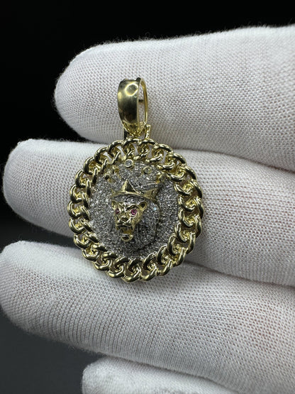 1.5” 10k Yellow Gold 1/2ctw Natural Diamond Lion Pendant with Cuban Link Bezel 6mm Bail 5.9g