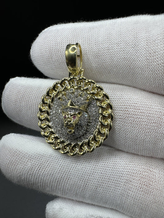 1.5” 10k Yellow Gold 1/2ctw Natural Diamond Lion Pendant with Cuban Link Bezel 6mm Bail 5.9g