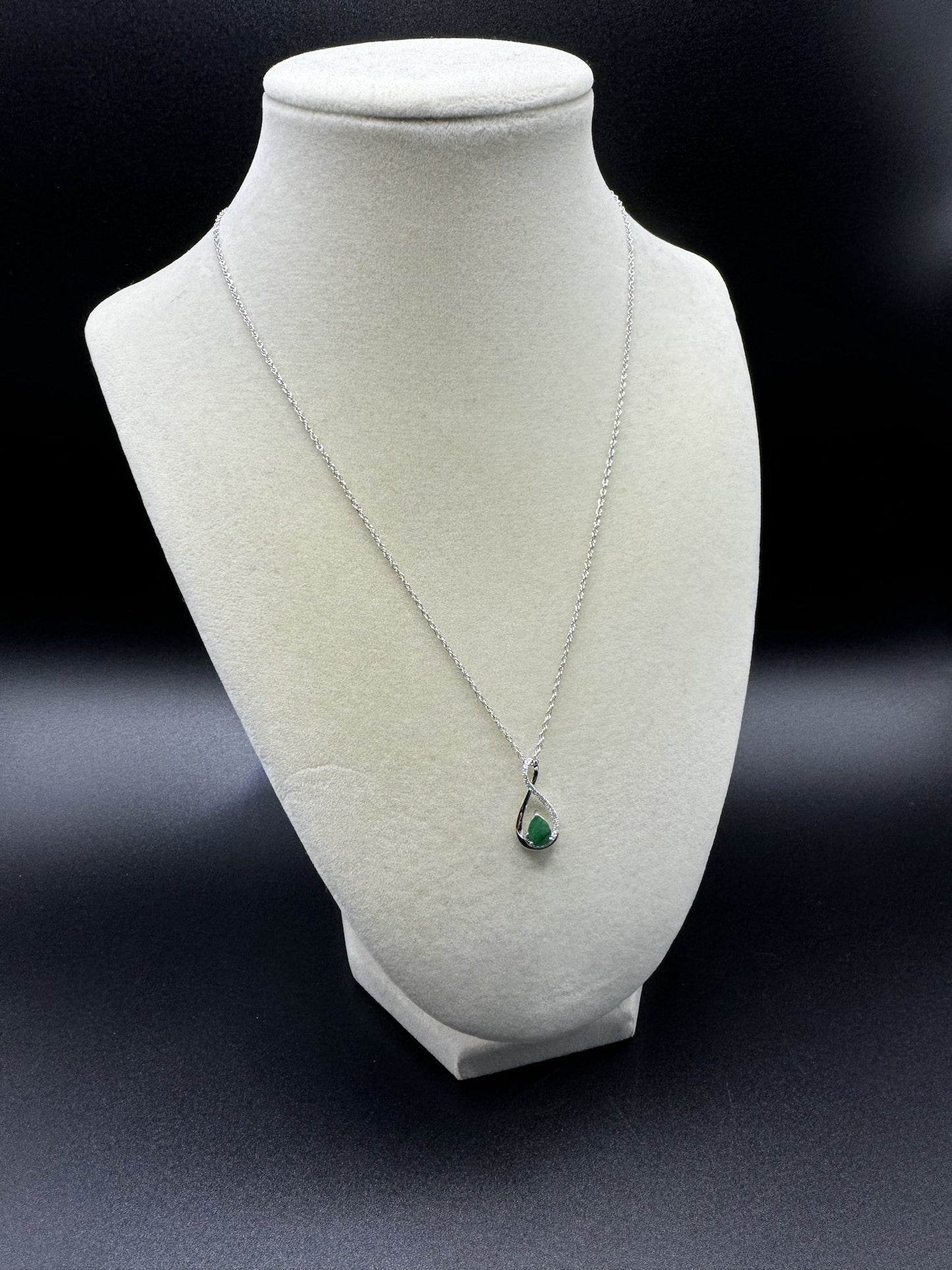 18” Silver Chain & Pear Shape Natural Emerald Pendant with 1/8ctw Natural Diamonds 2.1g
