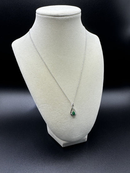 18” Silver Chain & Pear Shape Natural Emerald Pendant with 1/8ctw Natural Diamonds 2.1g