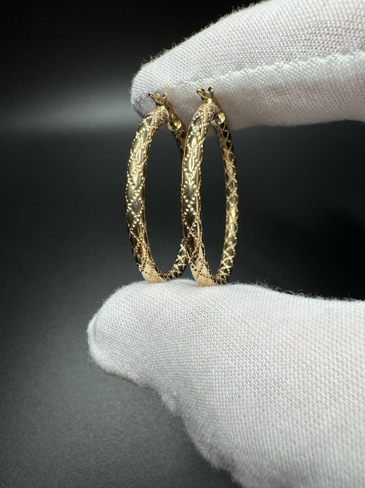 35mm 14k Yellow Gold Fancy Print Hoops 3.2g