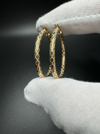 35mm 14k Yellow Gold Fancy Print Hoops 3.2g