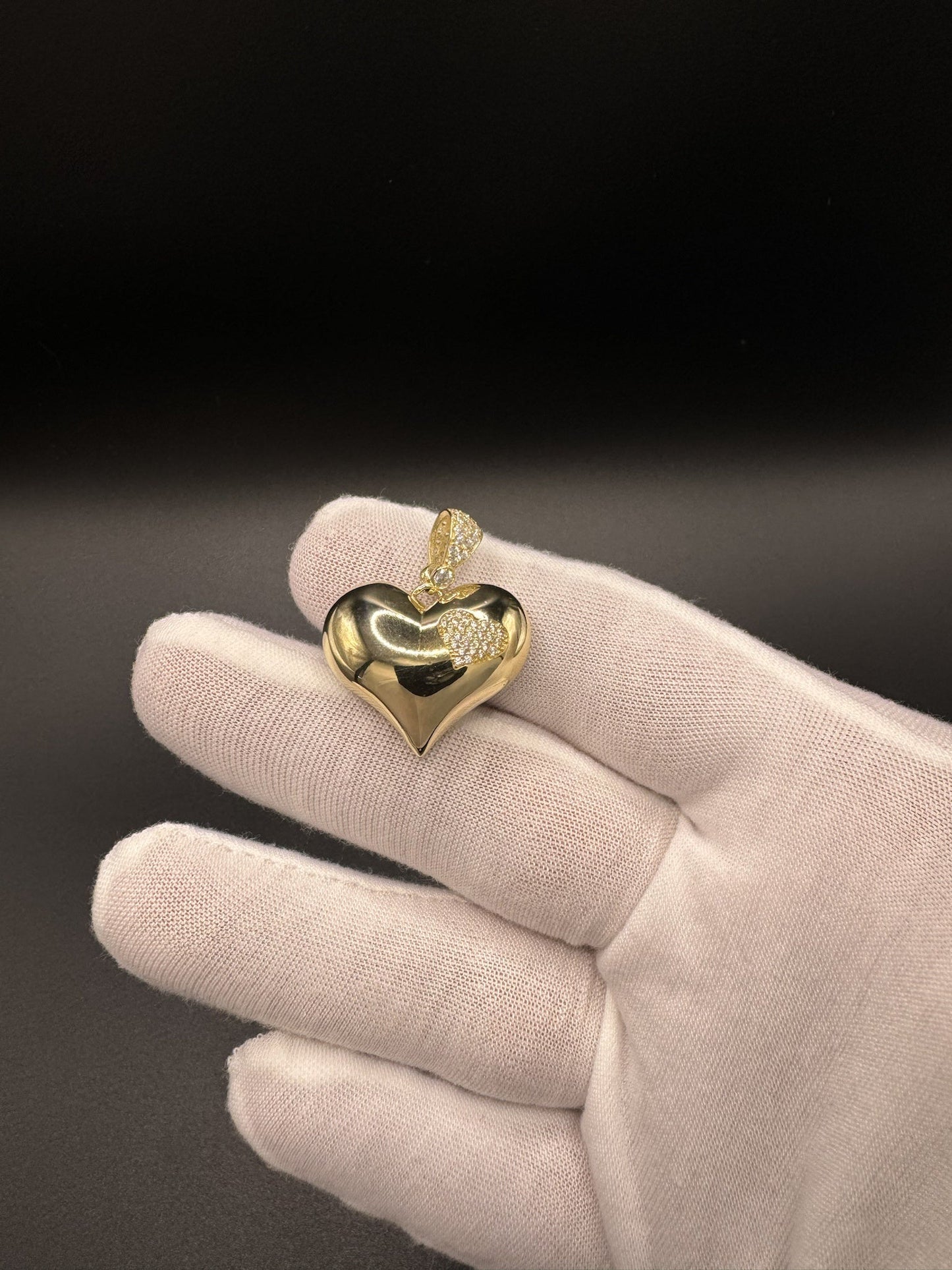1.25” 14k Yellow Gold Puff Heart Pendant with CZ Accents 5mm Bail 4.3g
