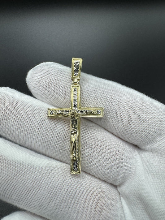 2” 10k Gold Two-Tone Square Cross/Crucifix 6mm Bail 4.6g