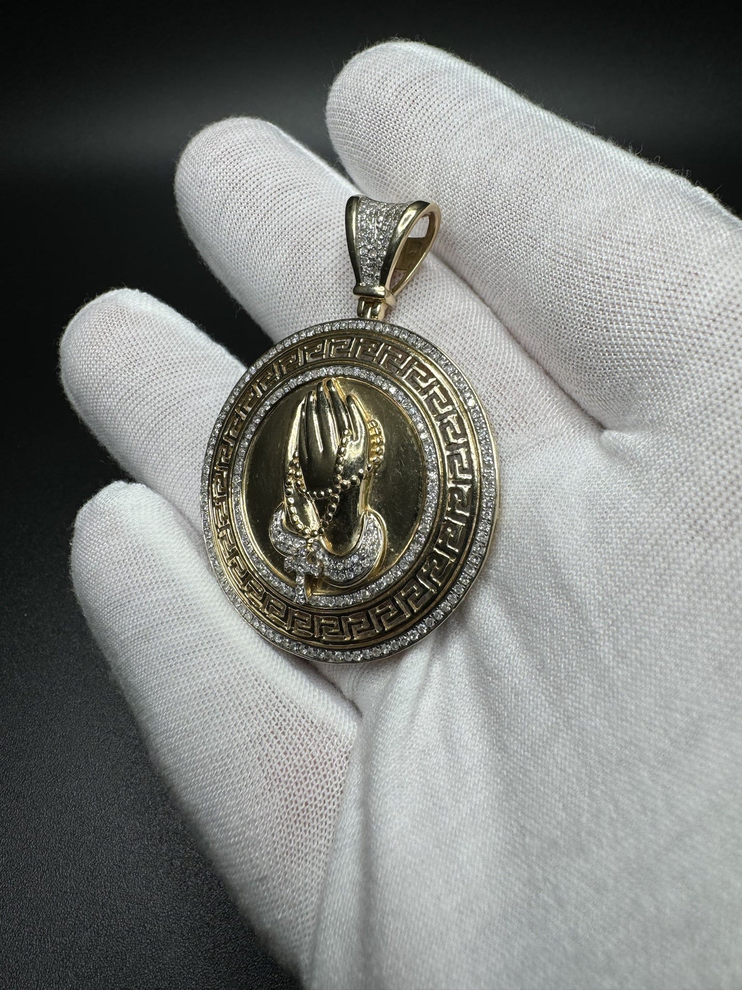 2” 14k Yellow Gold Circular Greek Praying Hands with Rosary est 1ctw Natural Diamonds 6mm Bail 13.2g