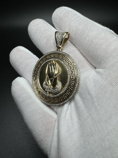 2” 14k Yellow Gold Circular Greek Praying Hands with Rosary est 1ctw Natural Diamonds 6mm Bail 13.2g