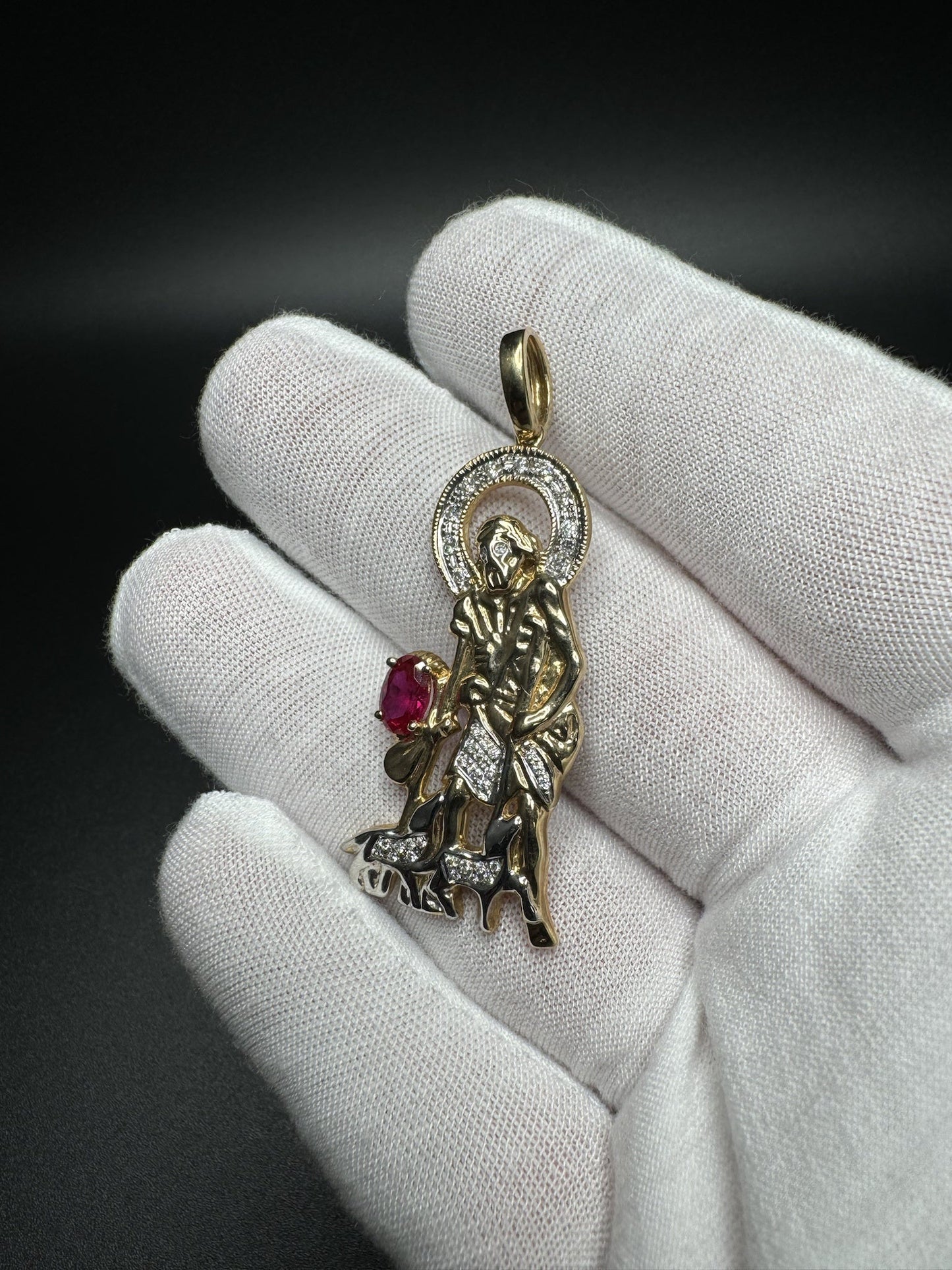 2” 10k Yellow Gold Saint Michael The Archangel with 7x5mm Ruby & est 1/4ctw Lab Diamond 6mm Bail 7.6g