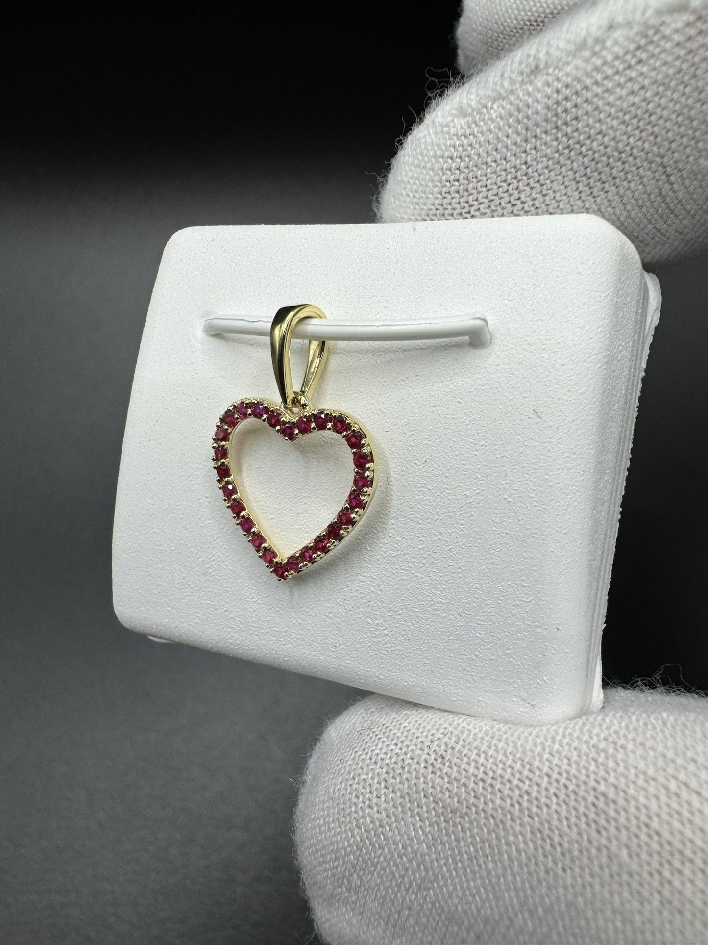 3/4” 14k Yellow Gold Heart Pendant Covered in Natural Rubies 3mm Bail .7g