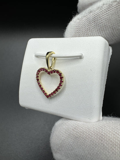 3/4” 14k Yellow Gold Heart Pendant Covered in Natural Rubies 3mm Bail .7g