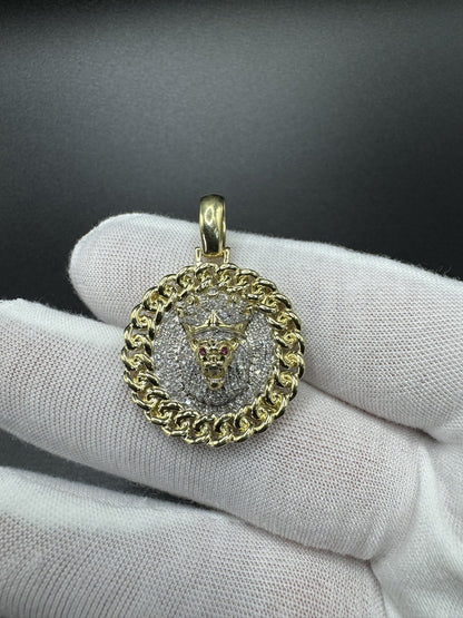1.5” 10k Yellow Gold 1/2ctw Natural Diamond Lion Pendant with Cuban Link Bezel 6mm Bail 5.9g