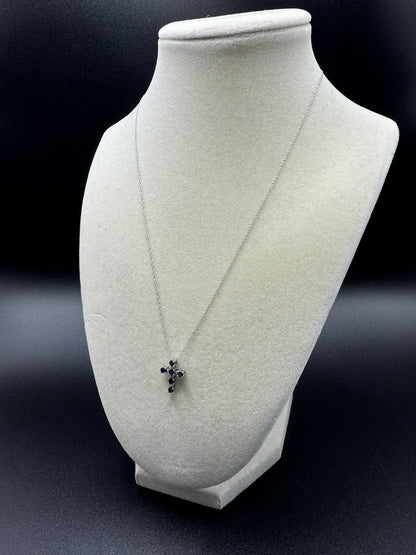 18” 10k White Gold Chain & 1/2” Natural Diamond and Blue Sapphire Cross 1.5g