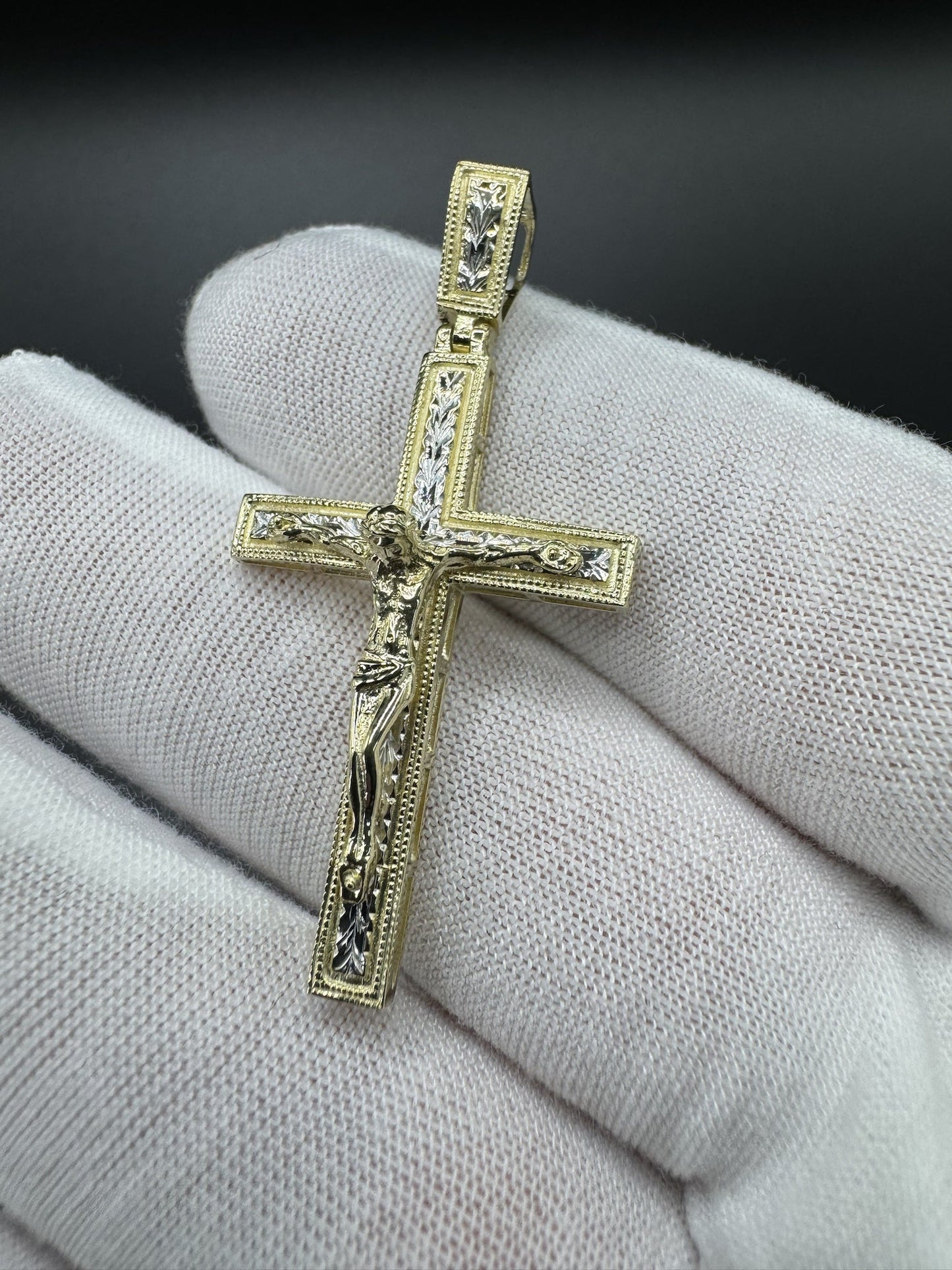 2” 10k Gold Two-Tone Square Cross/Crucifix 6mm Bail 4.6g
