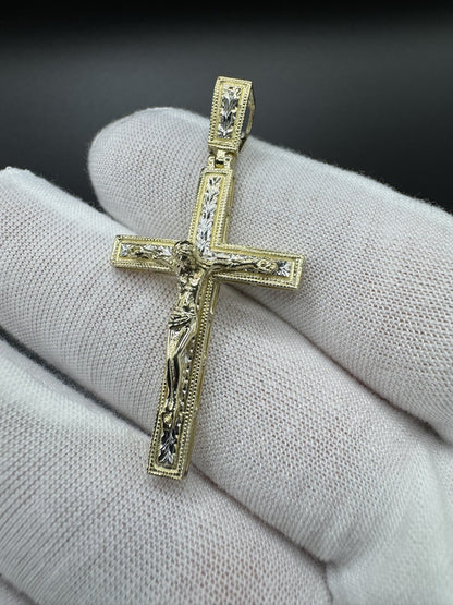 2” 10k Gold Two-Tone Square Cross/Crucifix 6mm Bail 4.6g