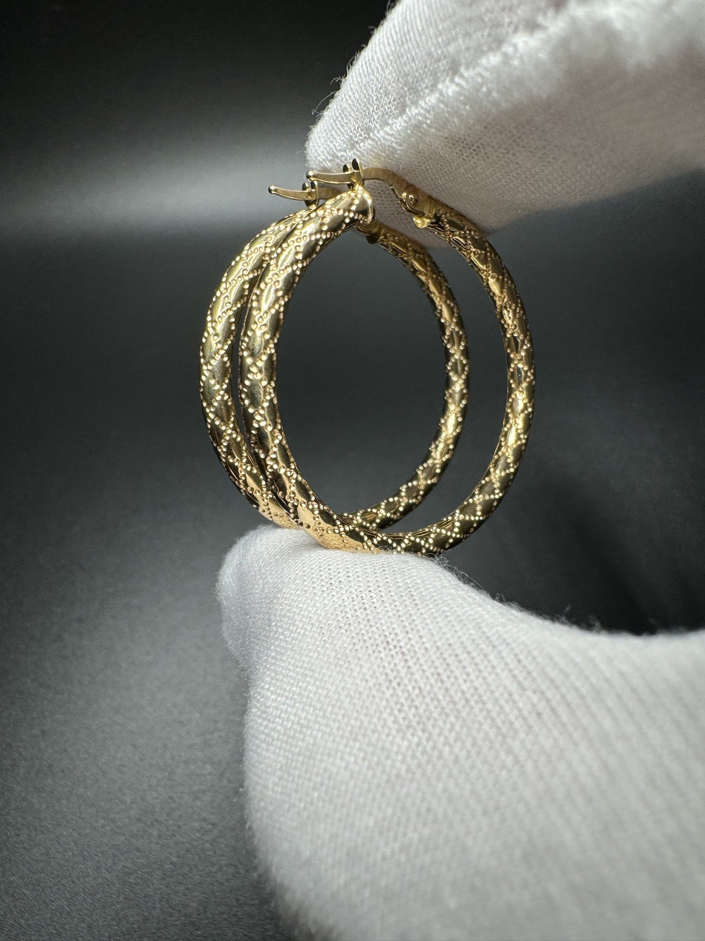 35mm 14k Yellow Gold Fancy Print Hoops 3.2g