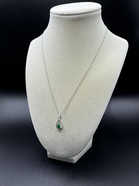 18” Silver Chain & Pear Shape Natural Emerald Pendant with 1/8ctw Natural Diamonds 2.1g