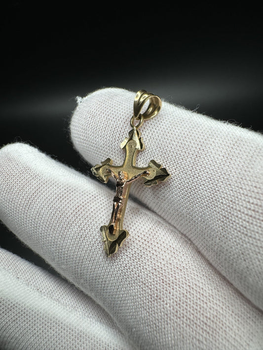 1.25” 14k Yellow Gold Pointed Cross with Rose Gold Crucifix 4mm Bail 1.34g