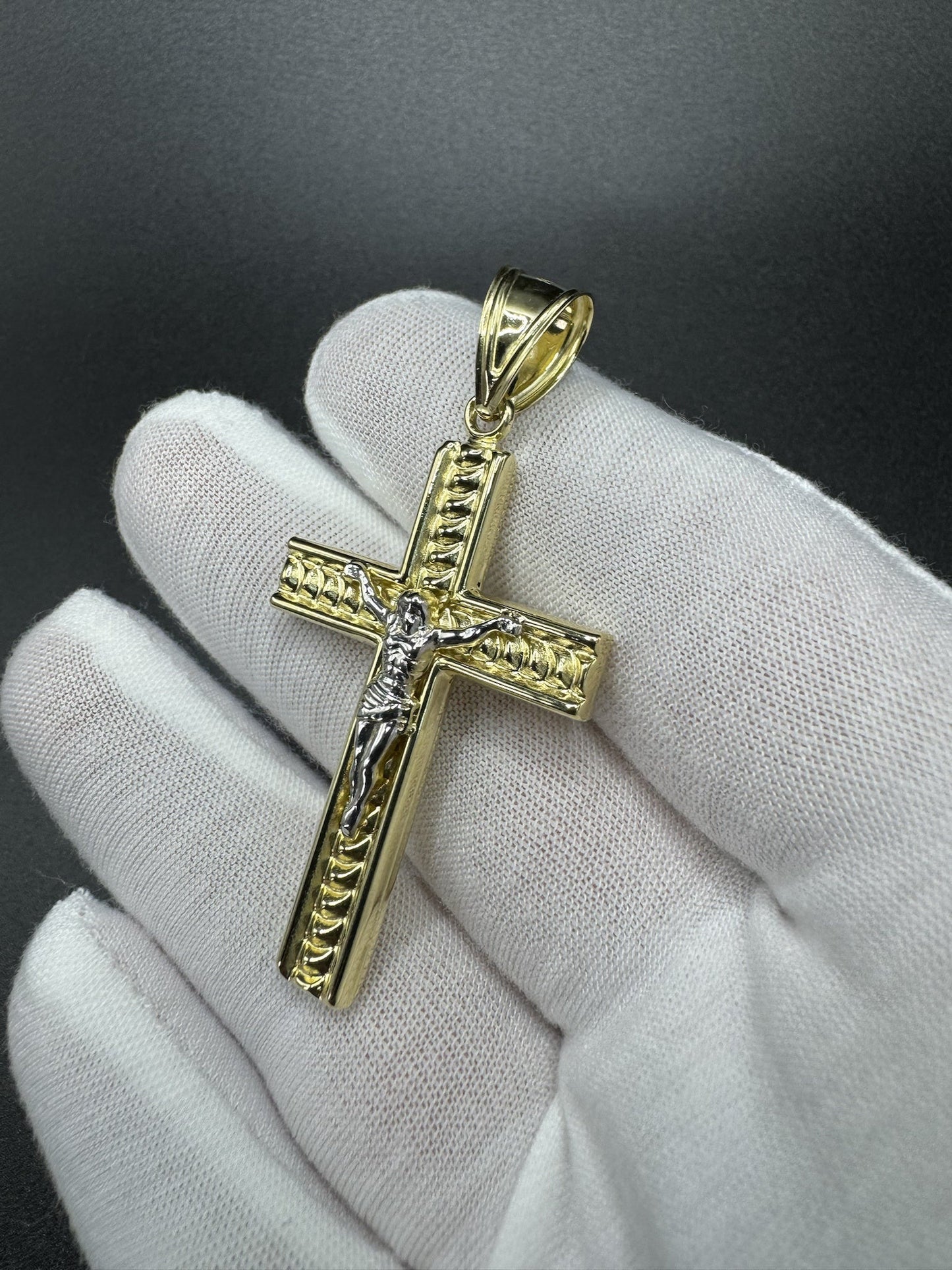 2.5” 14k Yellow Gold Square Diamond Cut Crucifix 8mm Bail 4.3g