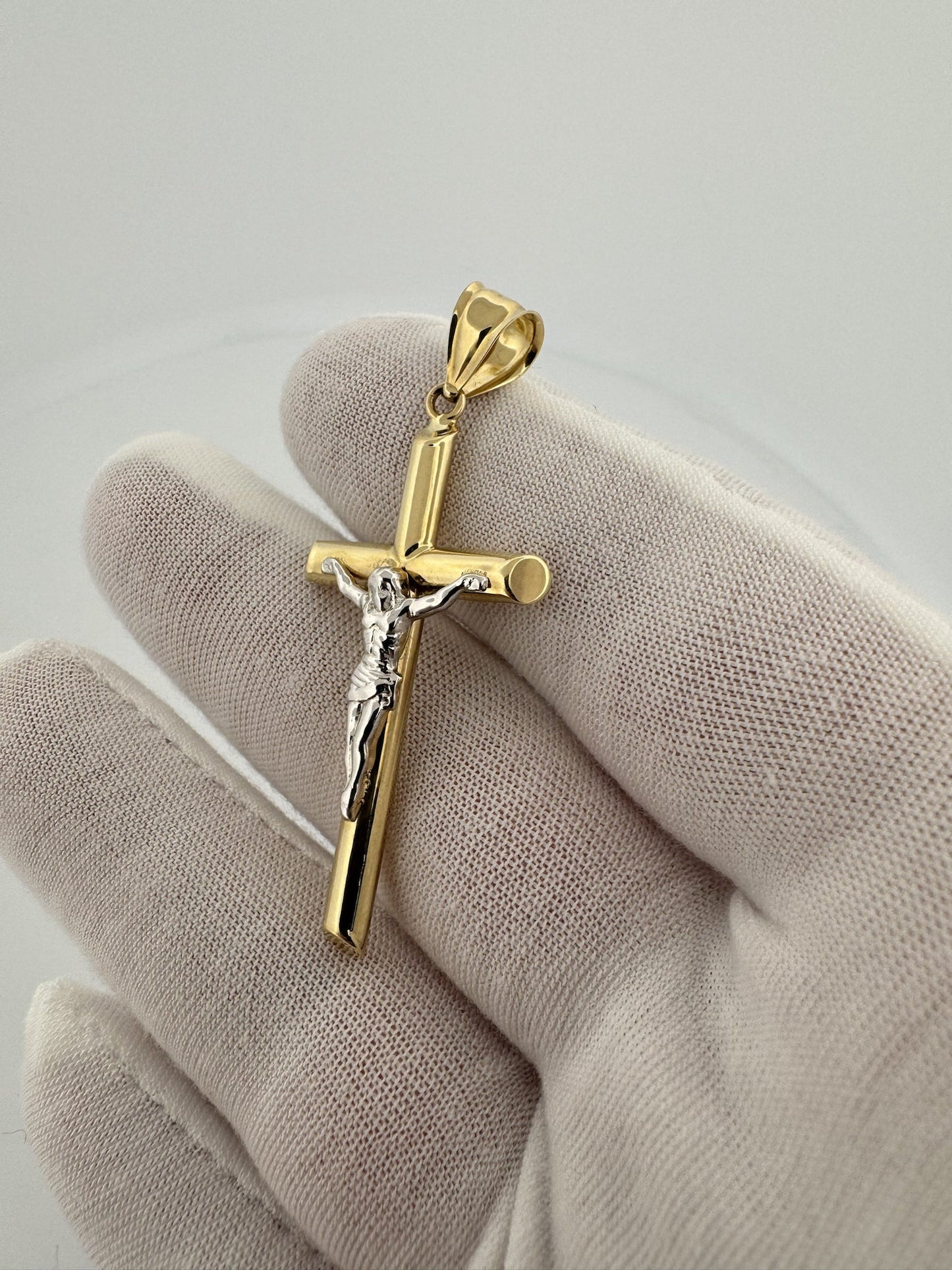 2” 14k Yellow Gold Cross & White Gold Crucifix 6mm Bail 2.56g