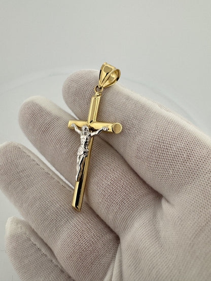 2” 14k Yellow Gold Cross & White Gold Crucifix 6mm Bail 2.56g