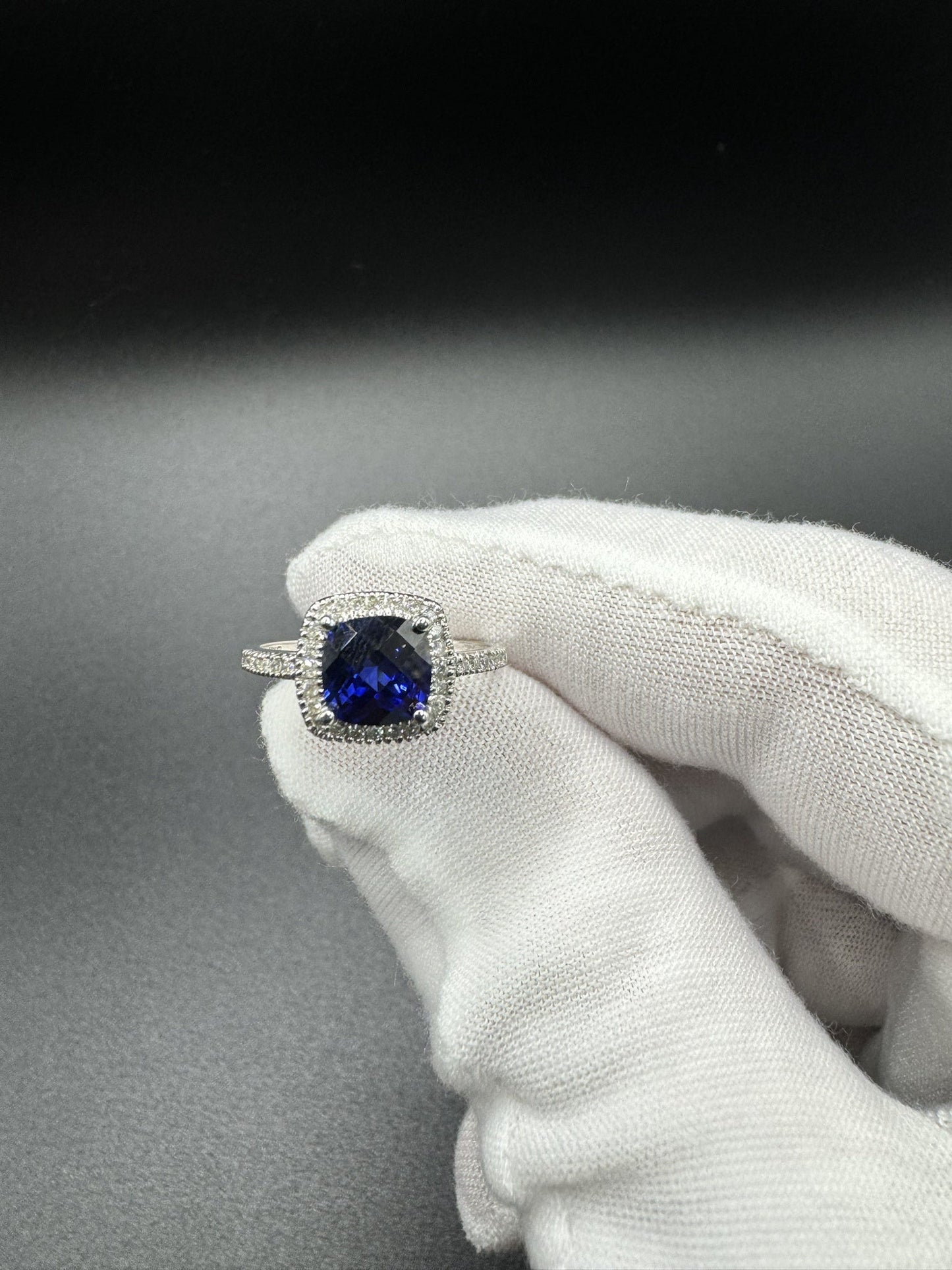 Size 7 14k White Gold 7mm Cushion Cut Blue Lab Sapphire & .15ctw Natural Diamond 2.6g