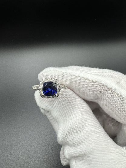 Size 7 14k White Gold 7mm Cushion Cut Blue Lab Sapphire & .15ctw Natural Diamond 2.6g