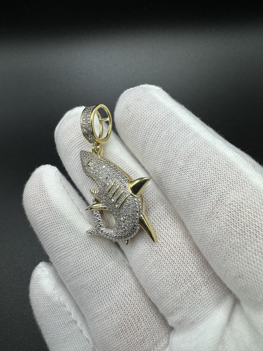 1.75” 10k Yellow Gold est 1/2ctw Natural Diamond Shark Pendant 7.5mm Bail 5.93g