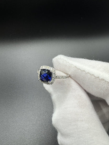 Size 7 14k White Gold 7mm Cushion Cut Blue Lab Sapphire & .15ctw Natural Diamond 2.6g