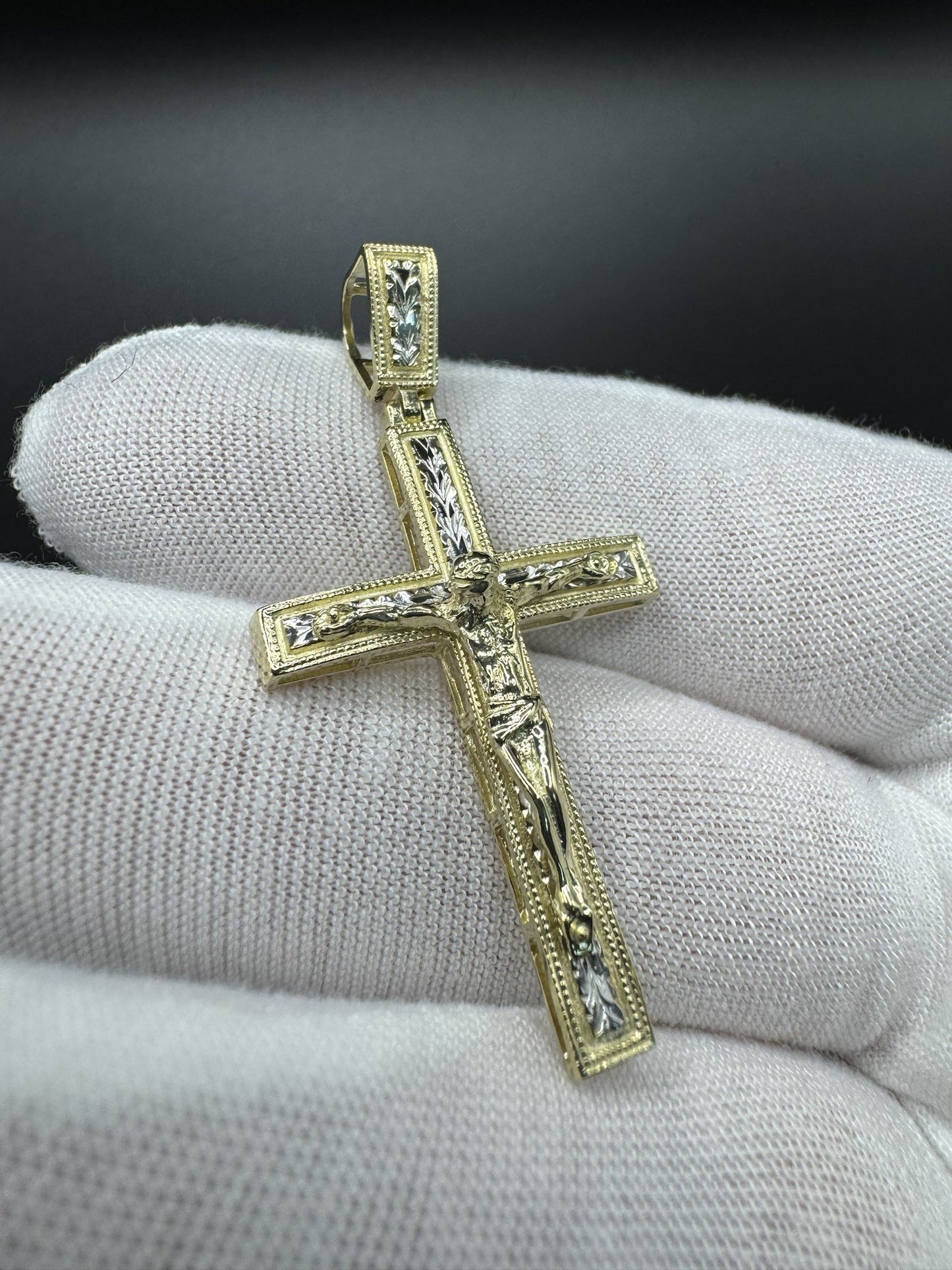 2” 10k Gold Two-Tone Square Cross/Crucifix 6mm Bail 4.6g