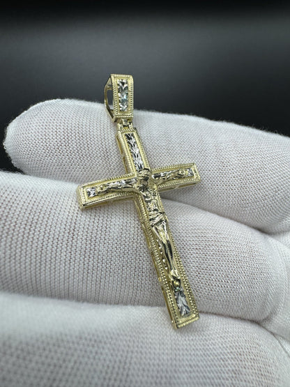2” 10k Gold Two-Tone Square Cross/Crucifix 6mm Bail 4.6g