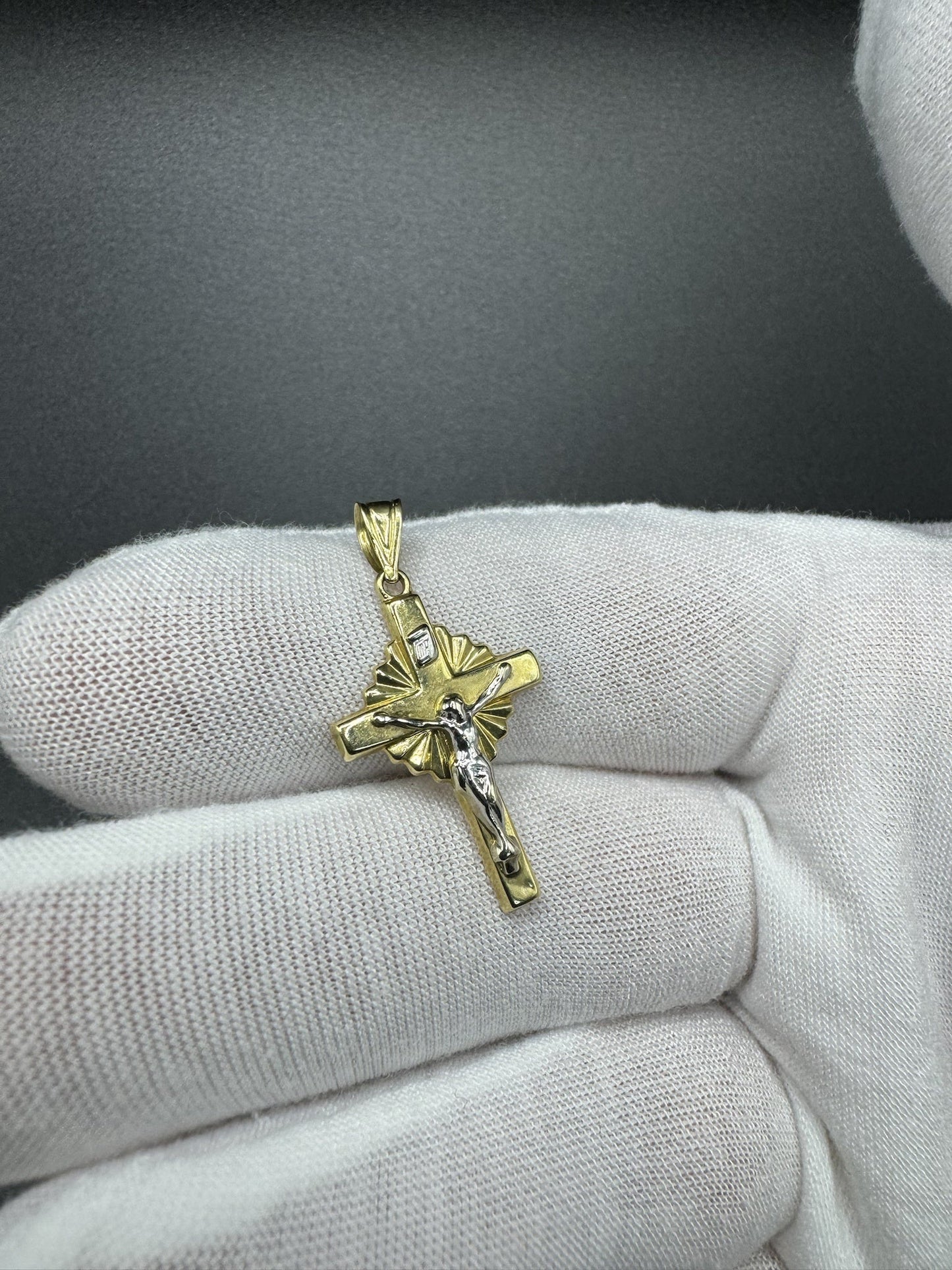 1.25” 14k Gold Two-tone Crucifix 3mm Bail 1.3g