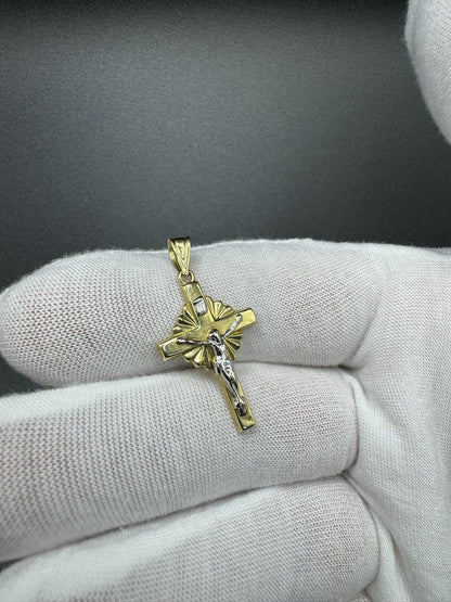1.25” 14k Gold Two-tone Crucifix 3mm Bail 1.3g