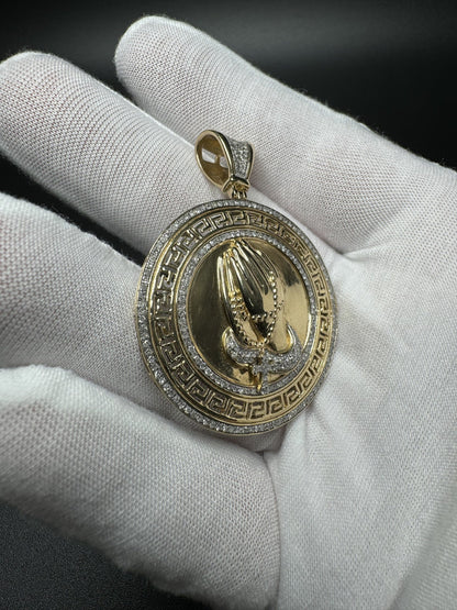 2” 14k Yellow Gold Circular Greek Praying Hands with Rosary est 1ctw Natural Diamonds 6mm Bail 13.2g