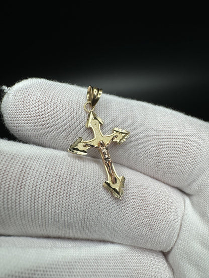 1.25” 14k Yellow Gold Pointed Cross with Rose Gold Crucifix 4mm Bail 1.34g