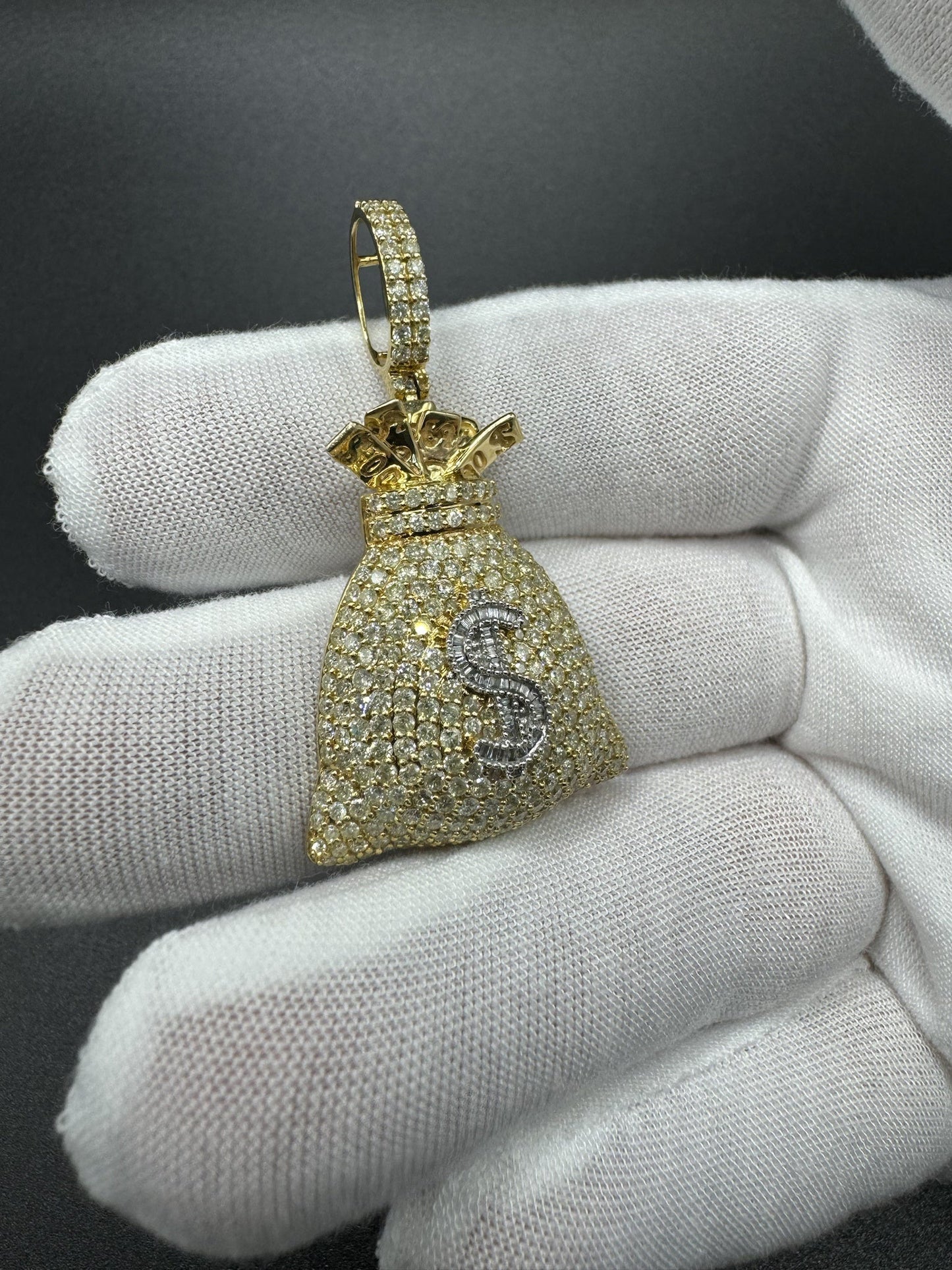 2” 10k Yellow Gold 2ctw Natural Diamond Money Bag Pendant 7.3mm Bail 9.0g