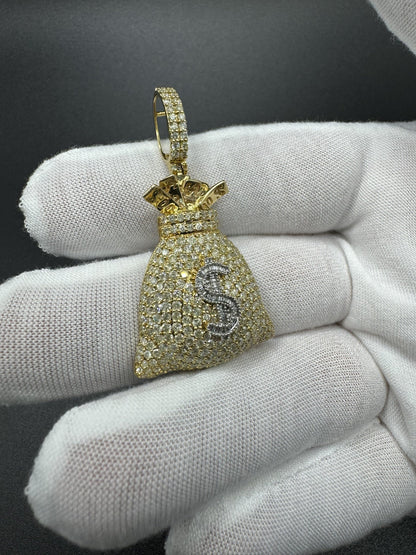 2” 10k Yellow Gold 2ctw Natural Diamond Money Bag Pendant 7.3mm Bail 9.0g