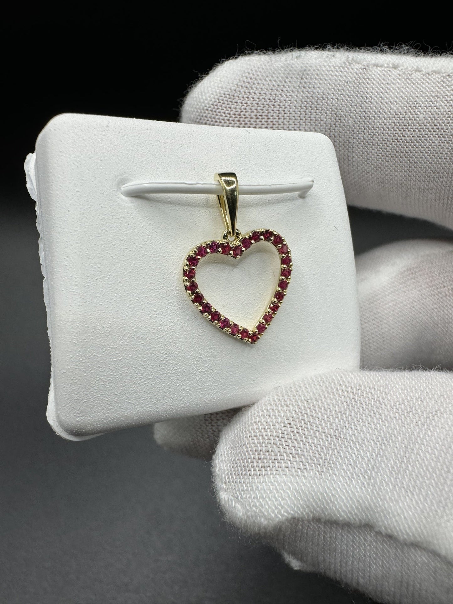 3/4” 14k Yellow Gold Heart Pendant Covered in Natural Rubies 3mm Bail .7g